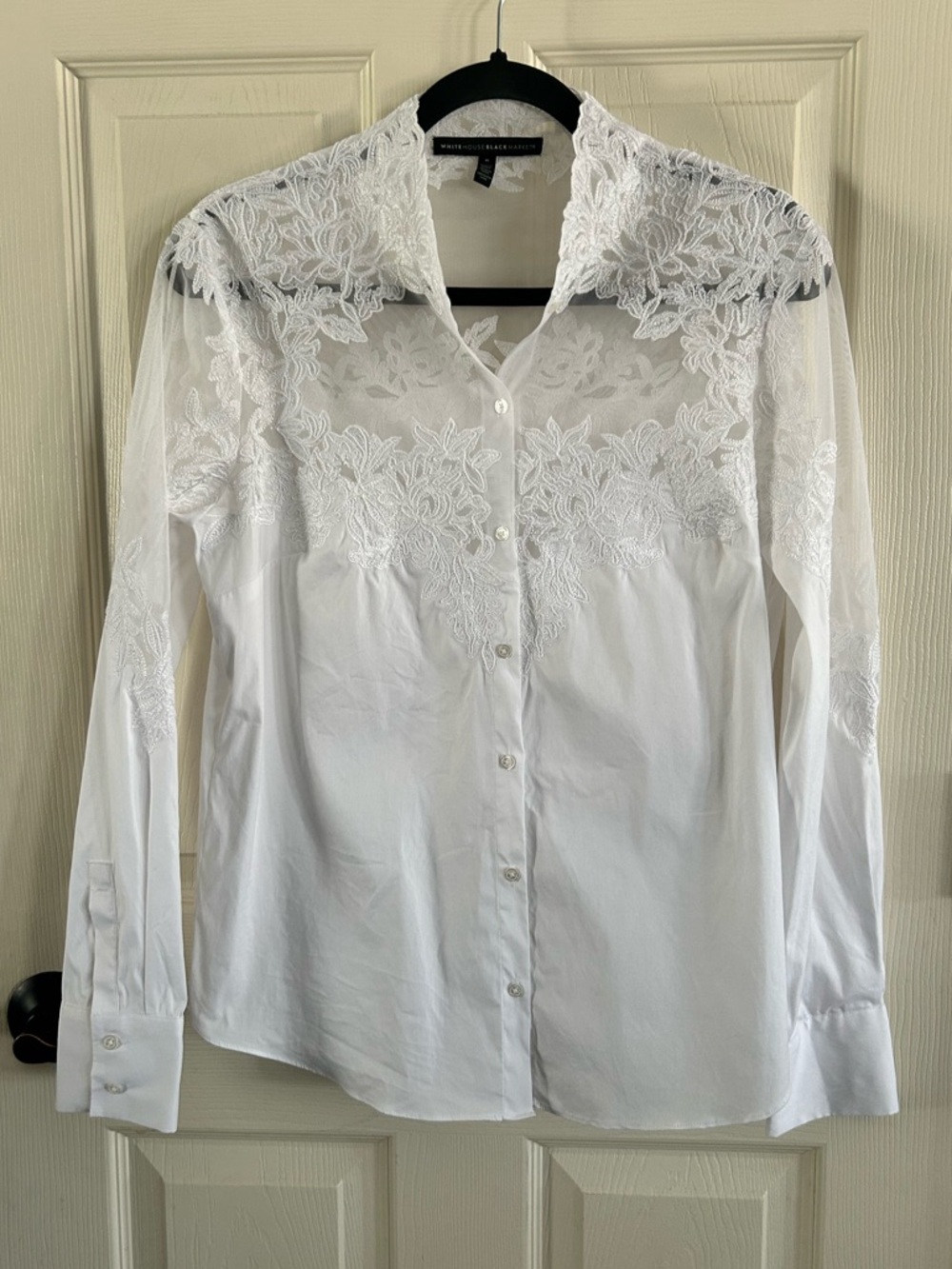 White House Black Market White Lace-Trim Button-Front Shirt Long Sleeve Sz 8